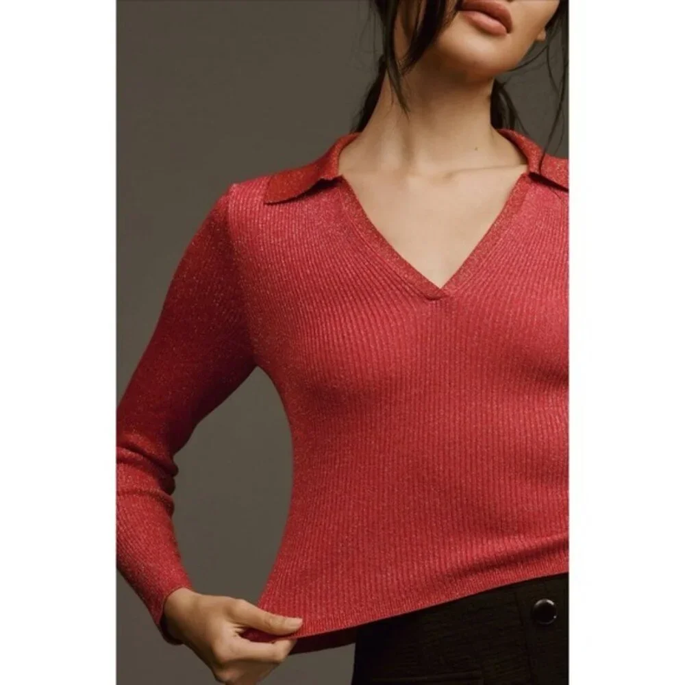 Maeve Anthropologie V-Neck Lurex Polo Sweater MEDIUM Shiny Metallic‎ Long Sleeve